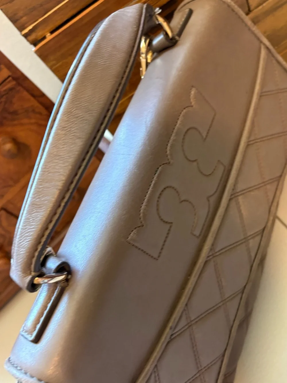 Tory Burch Savannah Top Handle Bag taupe crossbody purse